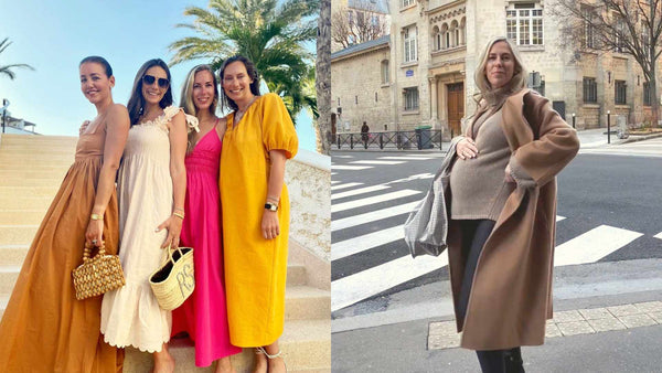 Pregnant fashion influencer posing with friends and traveling