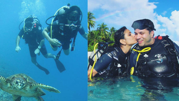 Woman with husband on vacation and scuba diving