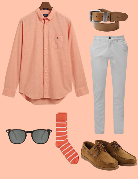 Apricot collage with men’s summer outfit including linen shirt, Schoffel chinos, tan belt, IZIPZI sunglasses, GANT socks, and deck shoes.