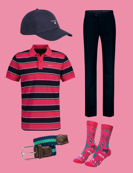 Pink collage with men’s summer outfit including stripey polo shirt, GANT cap, blue Bruhl trousers, Powder socks, and belt.