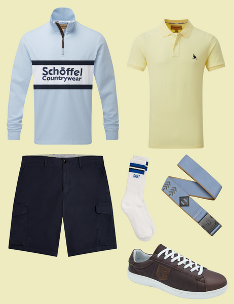 Yellow collage with men’s summer outfit idea including blue Schoffel ¼ zip, yellow polo shirt, cargo shorts, Arcade belt, white socks, and Portofino trainers.