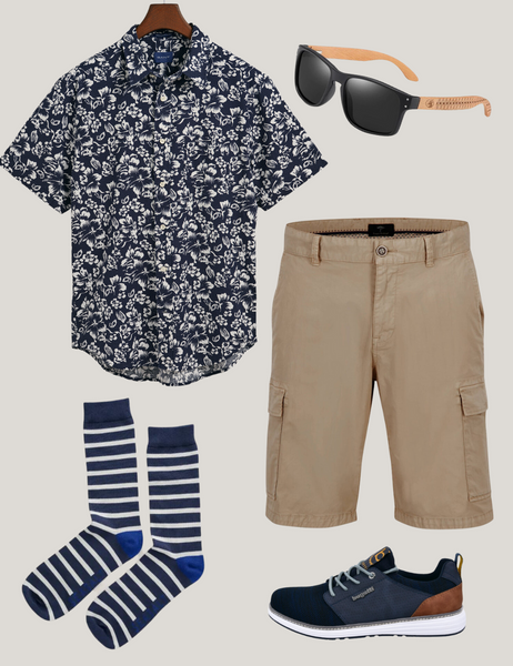 Grey collage with men’s summer outfit idea including floral GANT shirt, beige cargo shorts, stripey sailor socks, sunglasses, and Bugatti trainers.