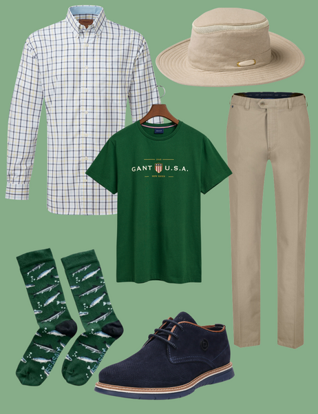Green collage with men’s summer outfit including checked shirt, green GANT t-shirt, beige BRUHL trousers, Bugatti shoes, sun hat, and bamboo socks.