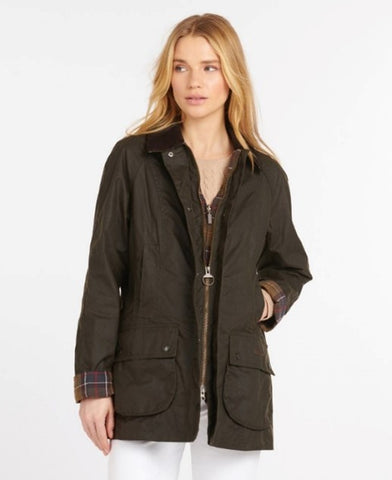 Image of a female model in Barbour Classic Beadnell Wax Jacket