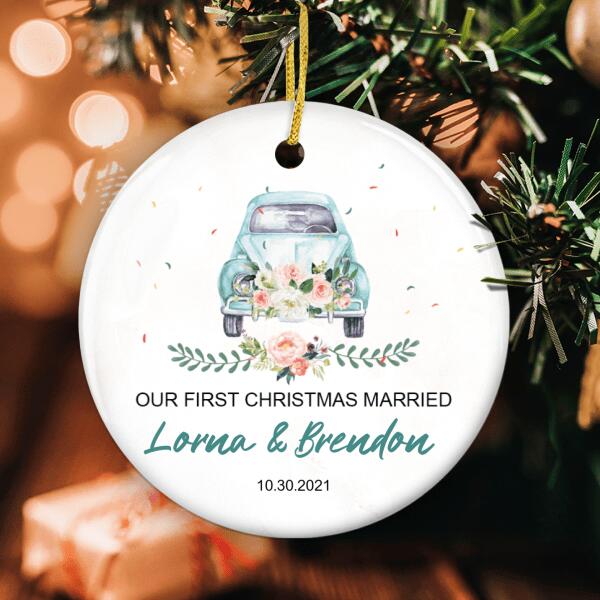 Our First Christmas Just Married - Floral Car Decor - Personalized Custom Names & Date Ornament