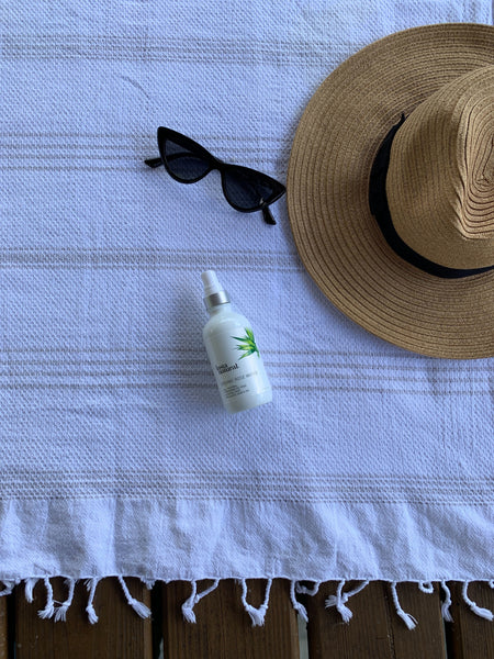 Stay cool in the sun with sunglasses and a hat and InstaNatural's Rose Water Toner that will hydrate you.
