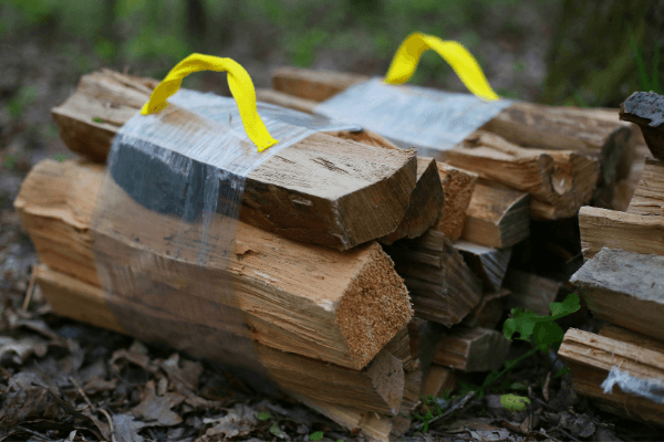 Bundled firewood in plastic