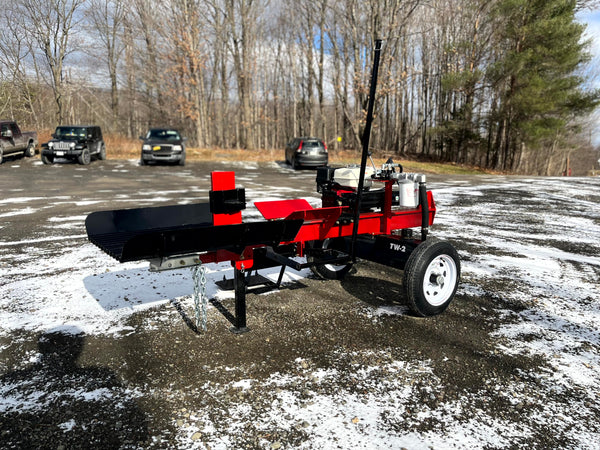 TW-2 small log splitter with 4-way wedge, table grate, and log lift