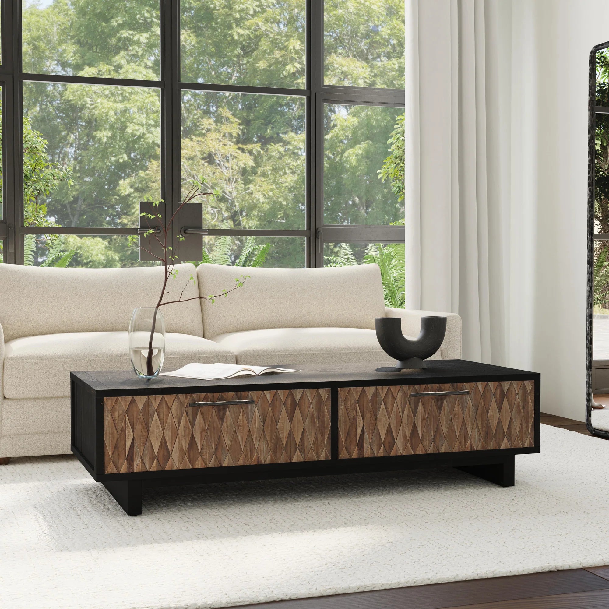 Anton 4Dwr Rectangle Coffee Table in Black/Natural with Solid Wood Construction