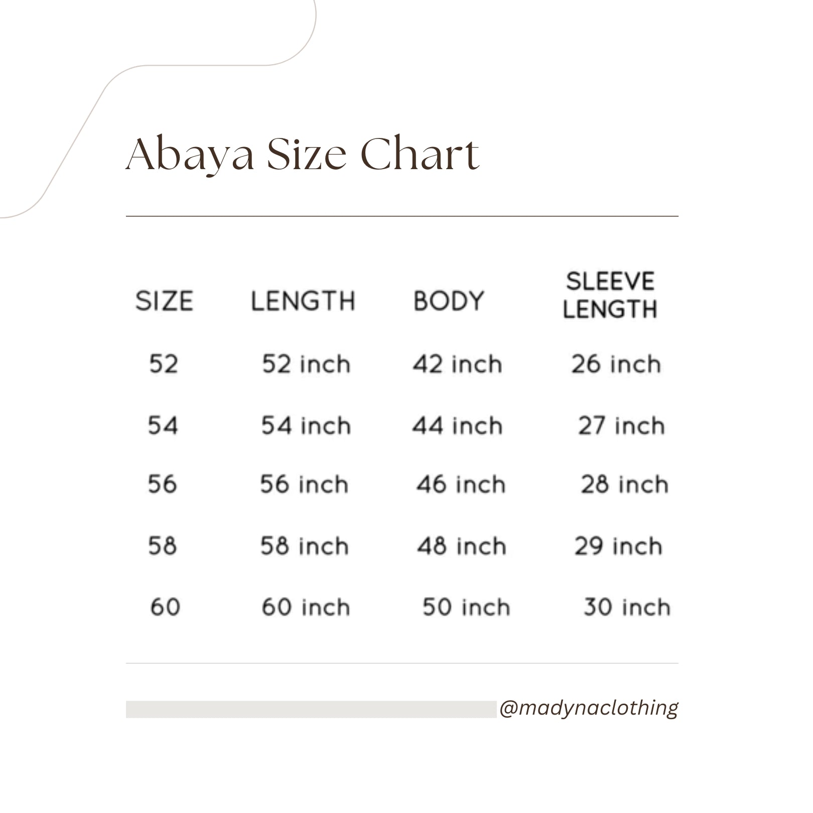 Women's Abayas Size Chart