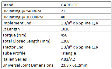 Spec image PTO shaft 1010mm series 2 GARDLOC