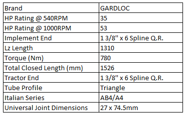 Spec image PTO shaft 1310mm series 4 GARDLOC