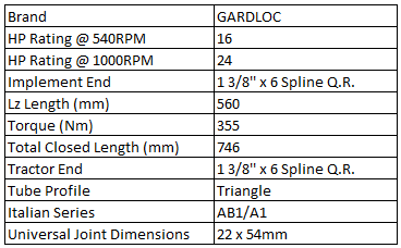 Spec image PTO shaft 560mm series 1 GARDLOC