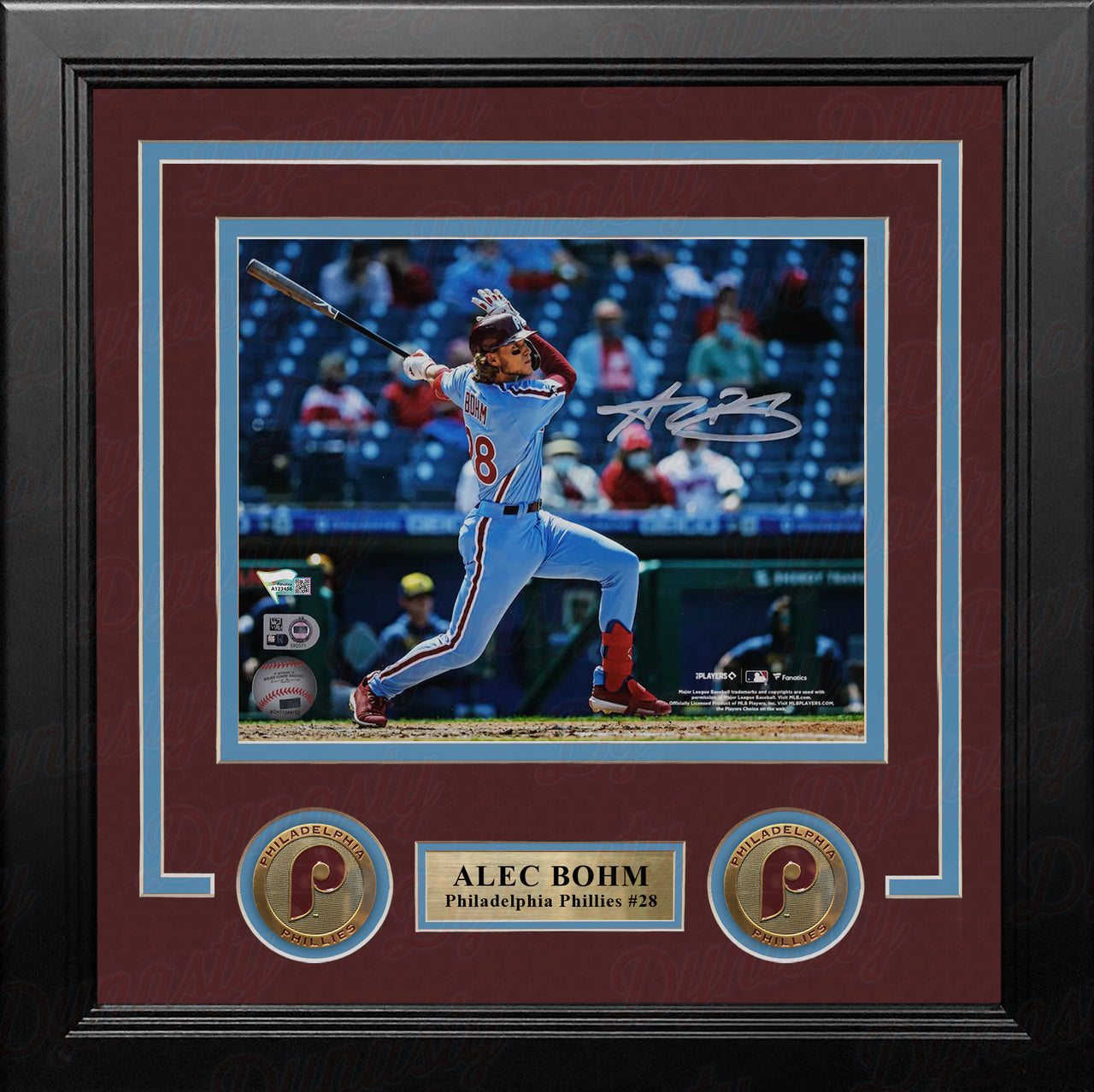 Framed Alec Bohm Philadelphia Phillies Autographed 16 x 20 Swinging Bat  Light Blue Jersey
