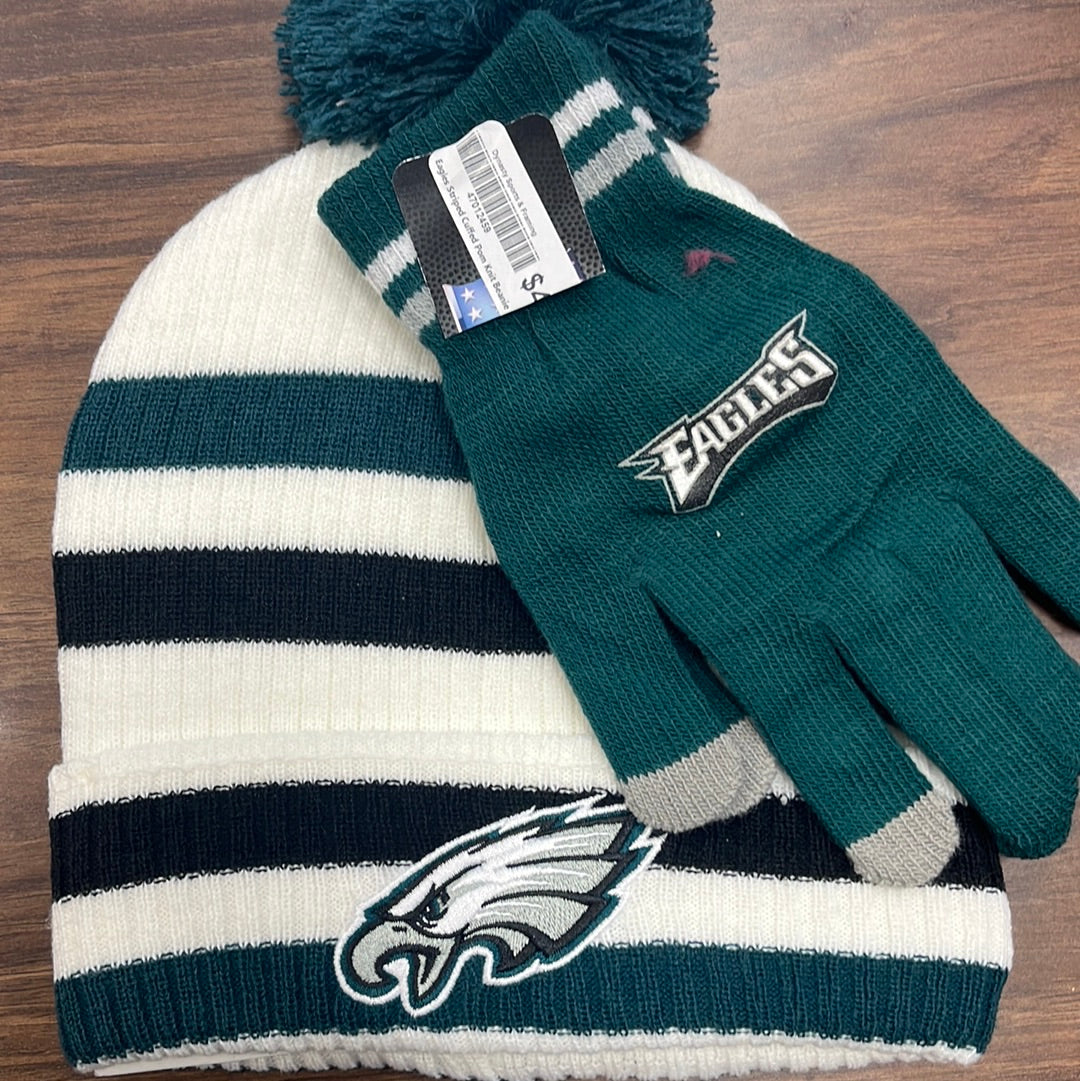 Eagles Mark Set Philadelphia and Cuffed Cursive Pom Gloves Beanie Word Knit