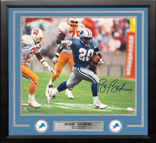 Barry Sanders Detroit Lions Autographed Deluxe Framed 16 x 20 Blue  Vertical Photograph