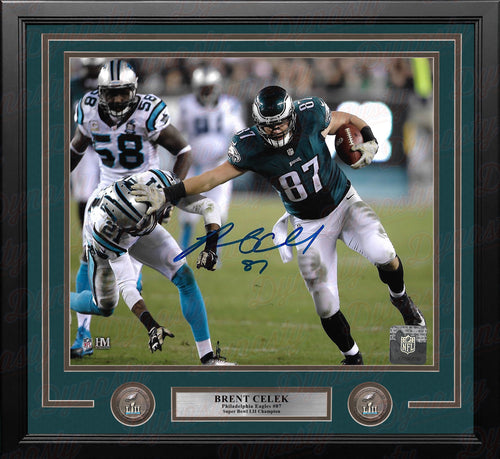 Brent Celek Stiff-Arm Action Philadelphia Eagles Autographed 11' x