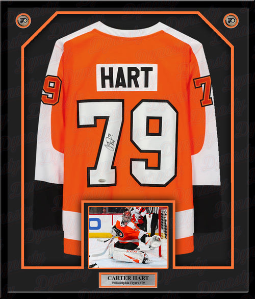 Autographed Philadelphia Flyers Carter Hart Fanatics Authentic 16 x 20  Black Alternate Jersey In Net Photograph