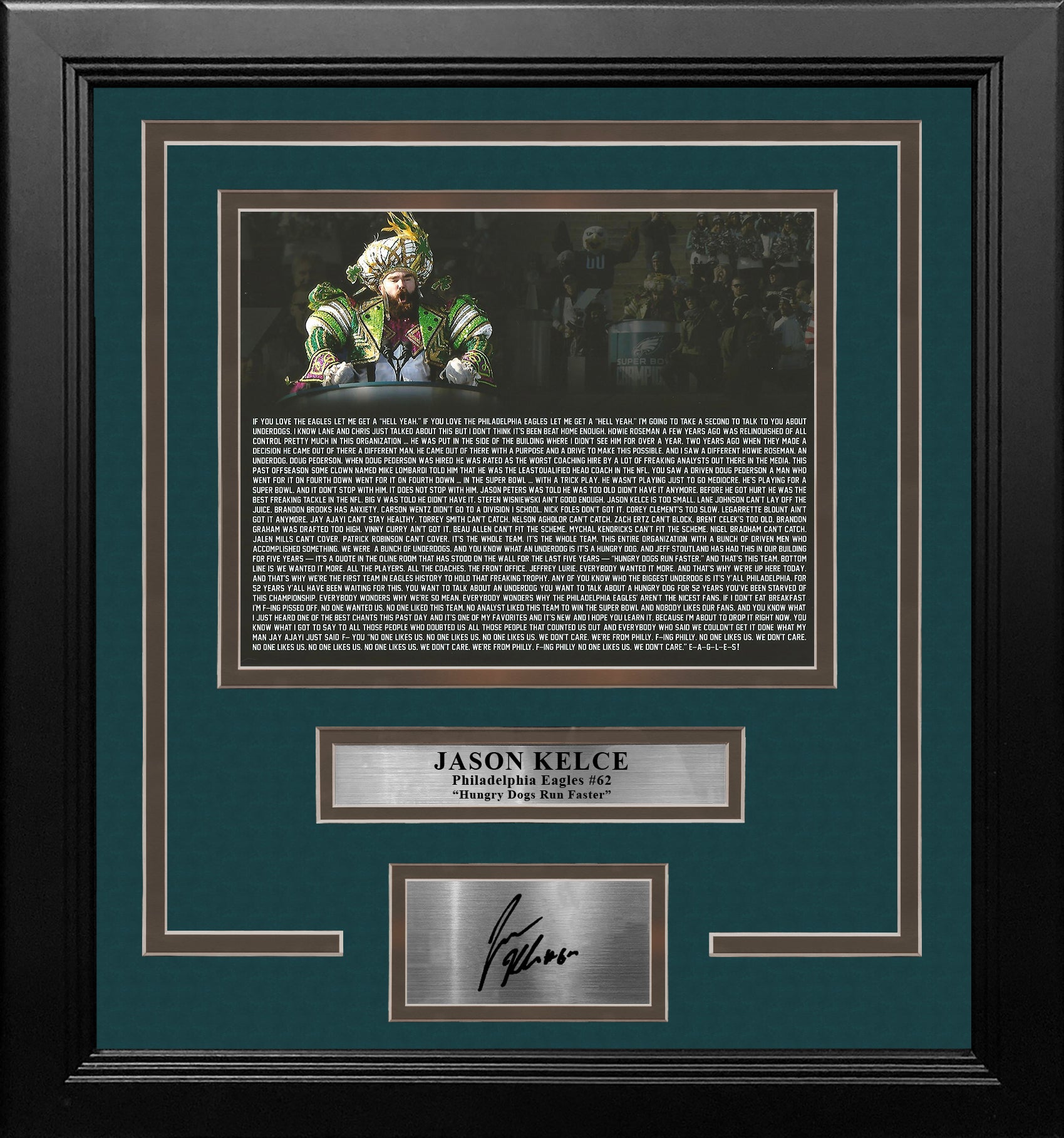 Jason Kelce Super Bowl Speech Philadelphia Eagles Autographed 11 x 14  Framed Spotlight Photo