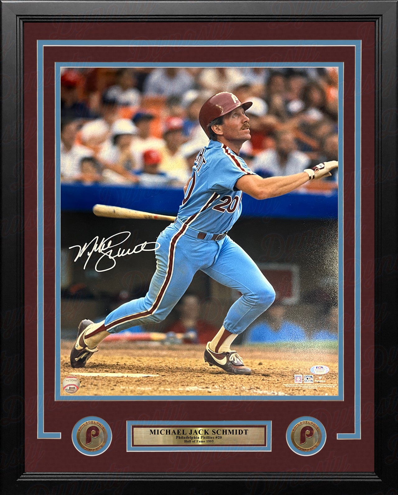 Framed Autographed/Signed Mike Schmidt 33x42 Philadelphia Retro Blue  Baseball Jersey JSA COA