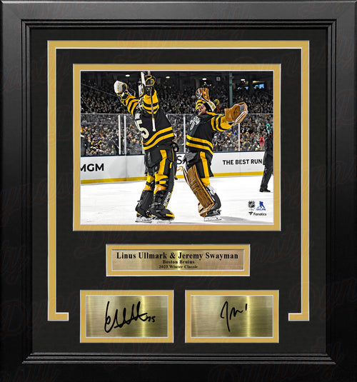 Jeremy Swayman & Linus Ullmark Bear Hug Boston Bruins Autographed 16x20  Framed Blackout Photo - Dynasty Sports & Framing