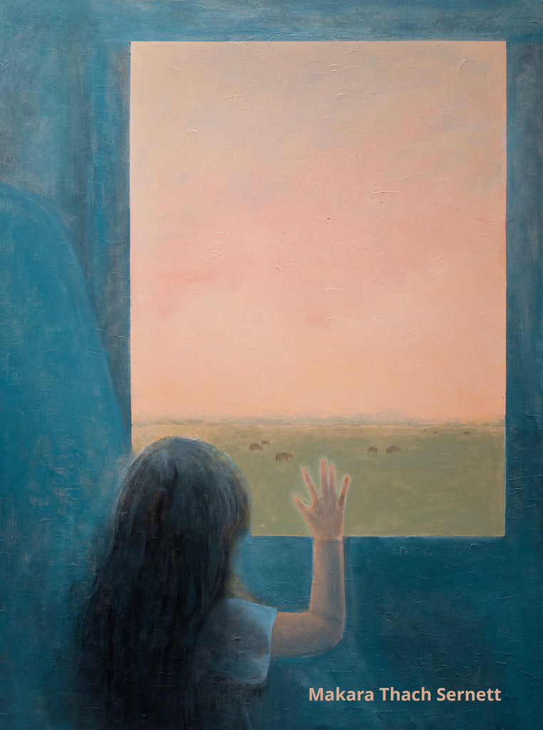 Painting by artist Makara Thach Sernett of a small young girl looking out a bus window. Inside, she and the interior are colored blue-teal while the outside is dreamy pastels of corals, pinks, and greens. There are cows in the distance, which she mistakes for giant dogs since it's her first time being outside of refugee camp and seeing cows for the first time.