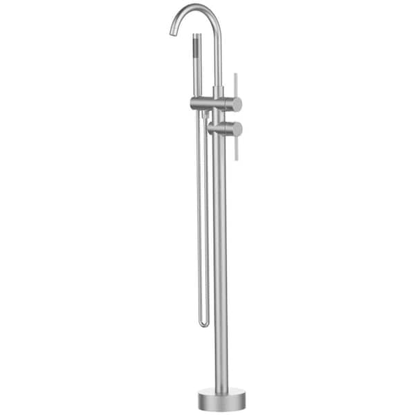 1-Handle Freestanding Floor Mount Tub Faucet Bathtub Filler with Hand Shower in Brushed Nickel