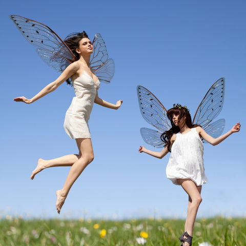 girls with fairy wings flying in blue sky