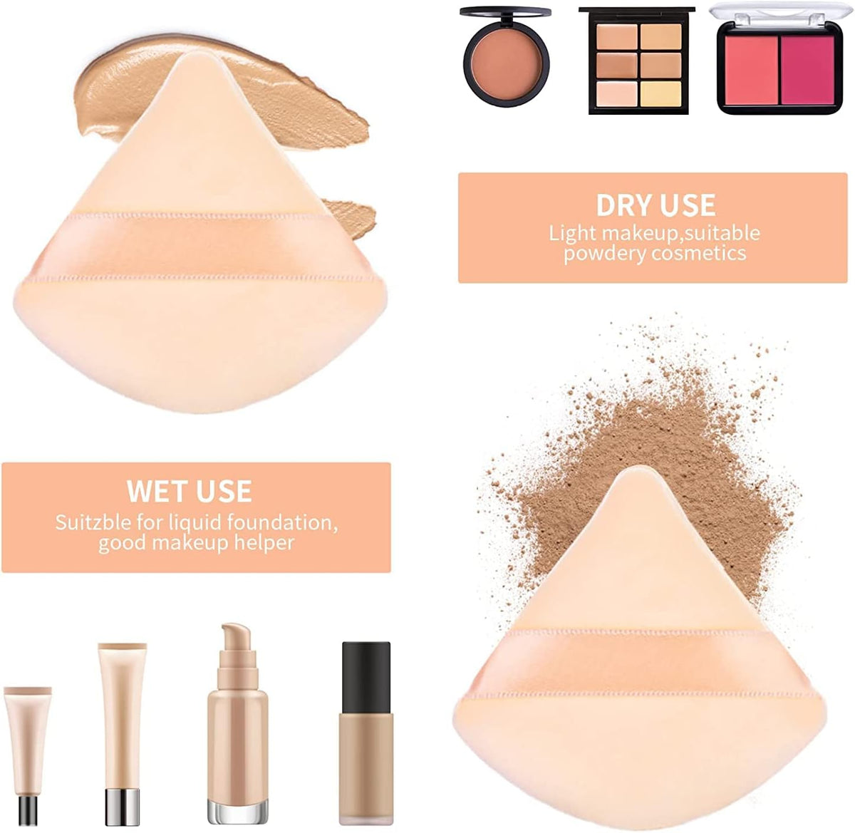 2Pcs Powder Puff Makeup Triangle Powder Puff Soft Powder Puffs Sponge Reusable (Nude)