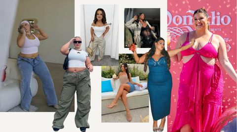 A compilation of fashionable ensembles worn by Dana Rose, Lucy Sleight, Nicole Doyon, and Remi Bader. On the left side, there are trendy streetwear outfits featuring denim jeans and cargo pants paired with white tops. In the middle, you can observe chic looks consisting of tailored trousers and bandeau tops. Moving towards the right, the styles transition into a more formal aesthetic, showcasing denim attire and hot pink cut-out dresses.