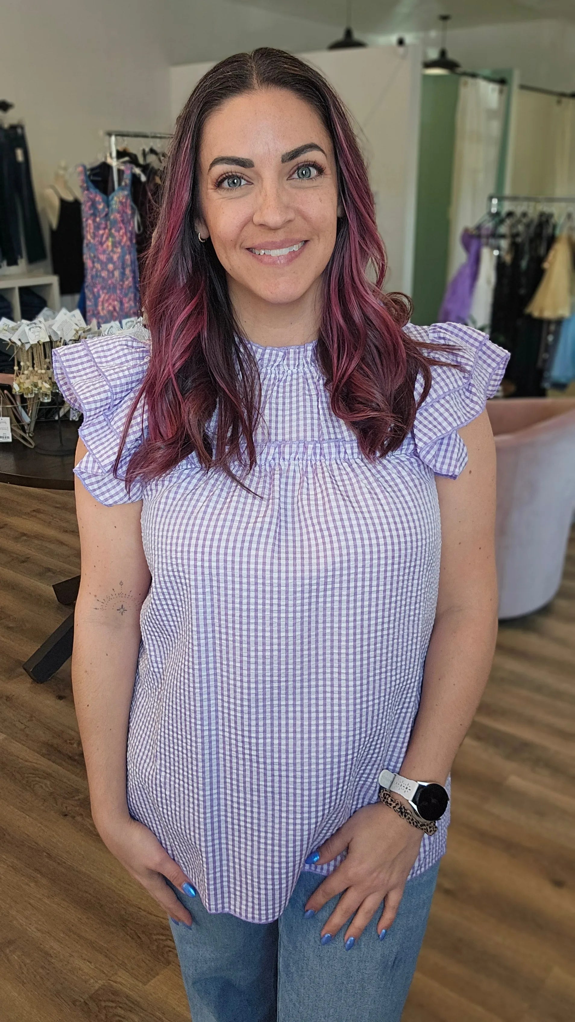 Lavender Gingham Flutter Sleeve Top