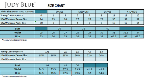 Judy Blue Denim Size Chart