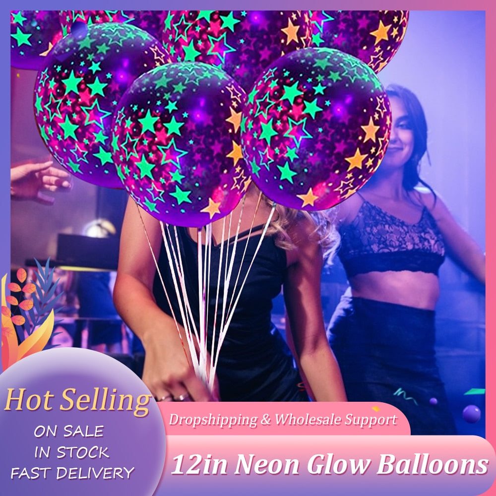 glow in the dark balloons with neon confetti