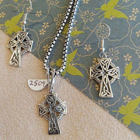 Celtic cross pendant and earrings displayed with an oxidized box chain