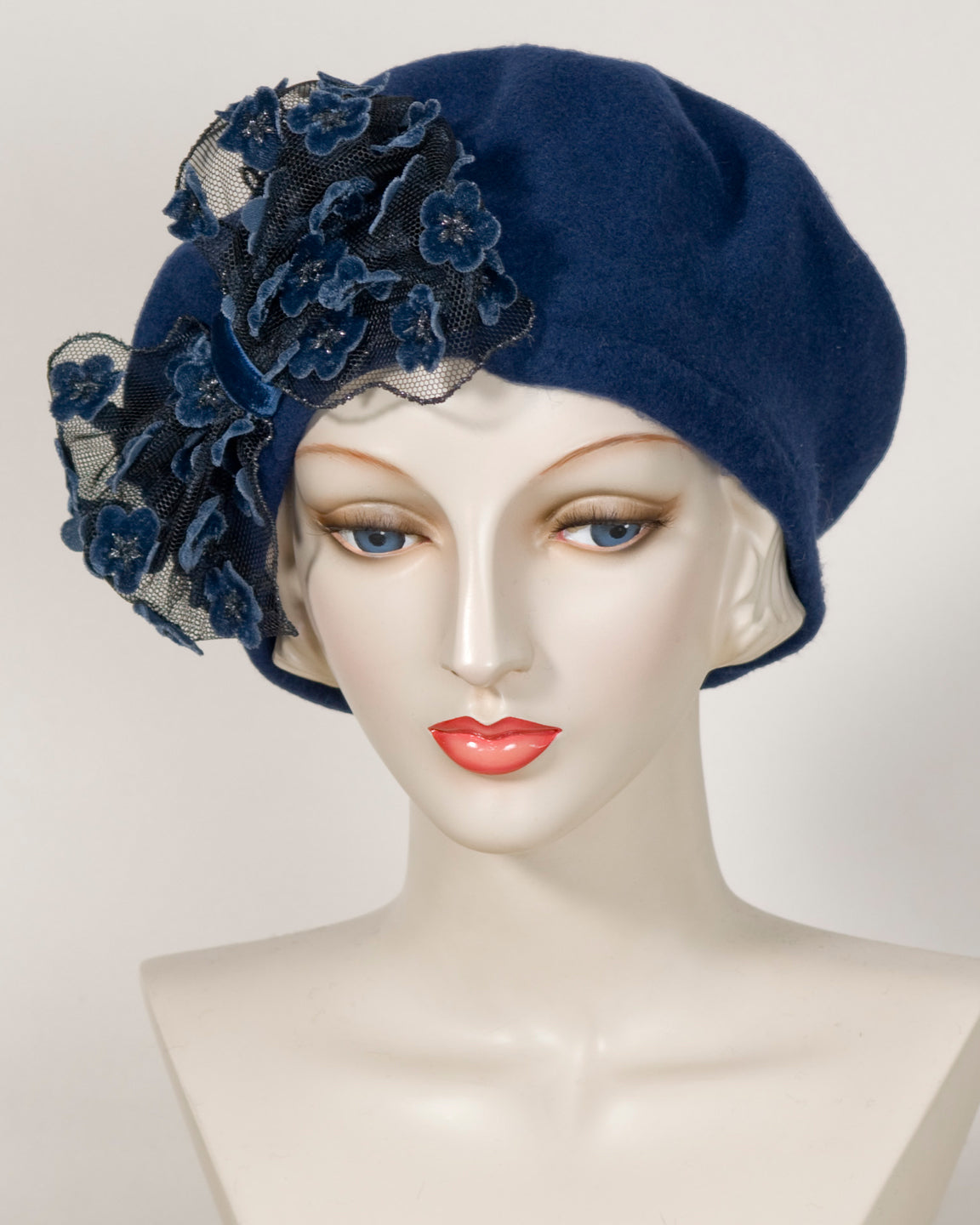 0408BEF Beret, wool felt, navy – Louise Green Millinery