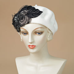 8320SBF Small Beret, white w/black – Louise Green Millinery