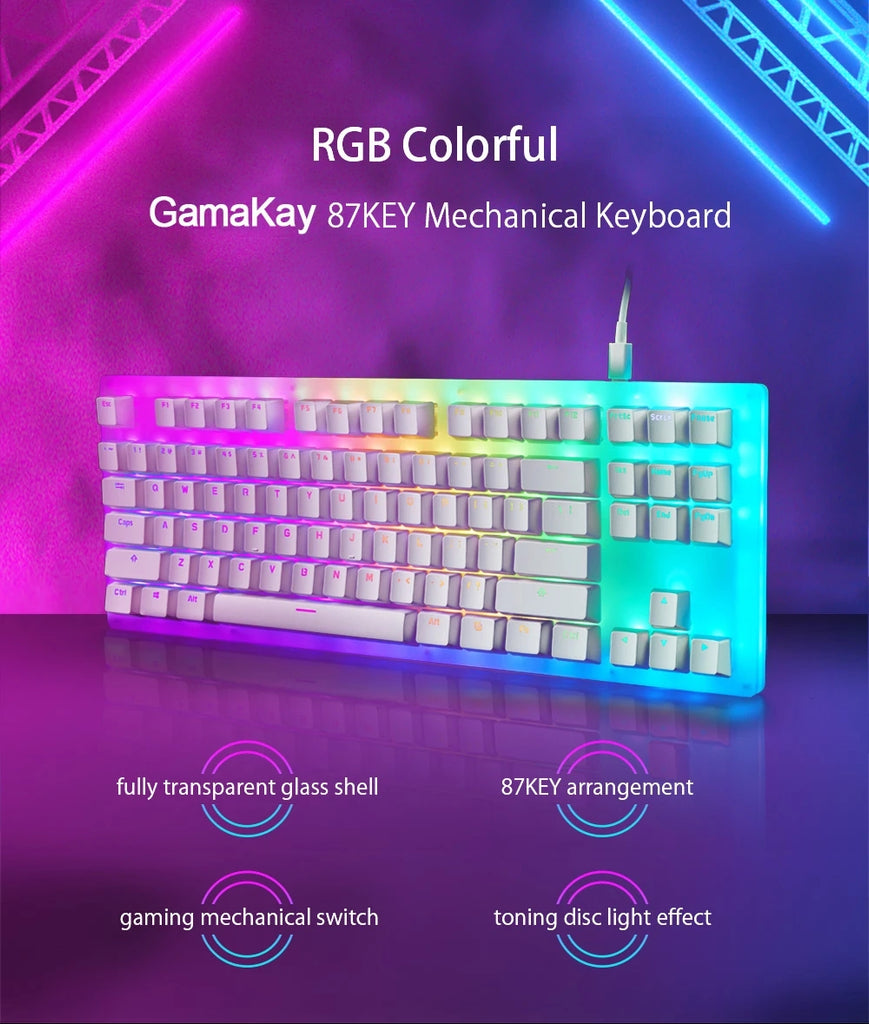 Gamakay K87 equip with the acrylic keyboard case-Durable and Stylish Design The PMMA plexiglass material used in the keyboard's construction allows for a 360º full translucent glazed panel, which creates a fantasy light effect that is sure to impress. The keyboard also has a full keyboard pluggable switch, allowing for easy DIY switch changes to customize your gaming experience