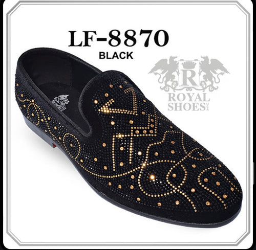 Royal Shoes Black/Gold Rhinestone Leaf Print Smoking Slip-on Red Botto – CC  Suits