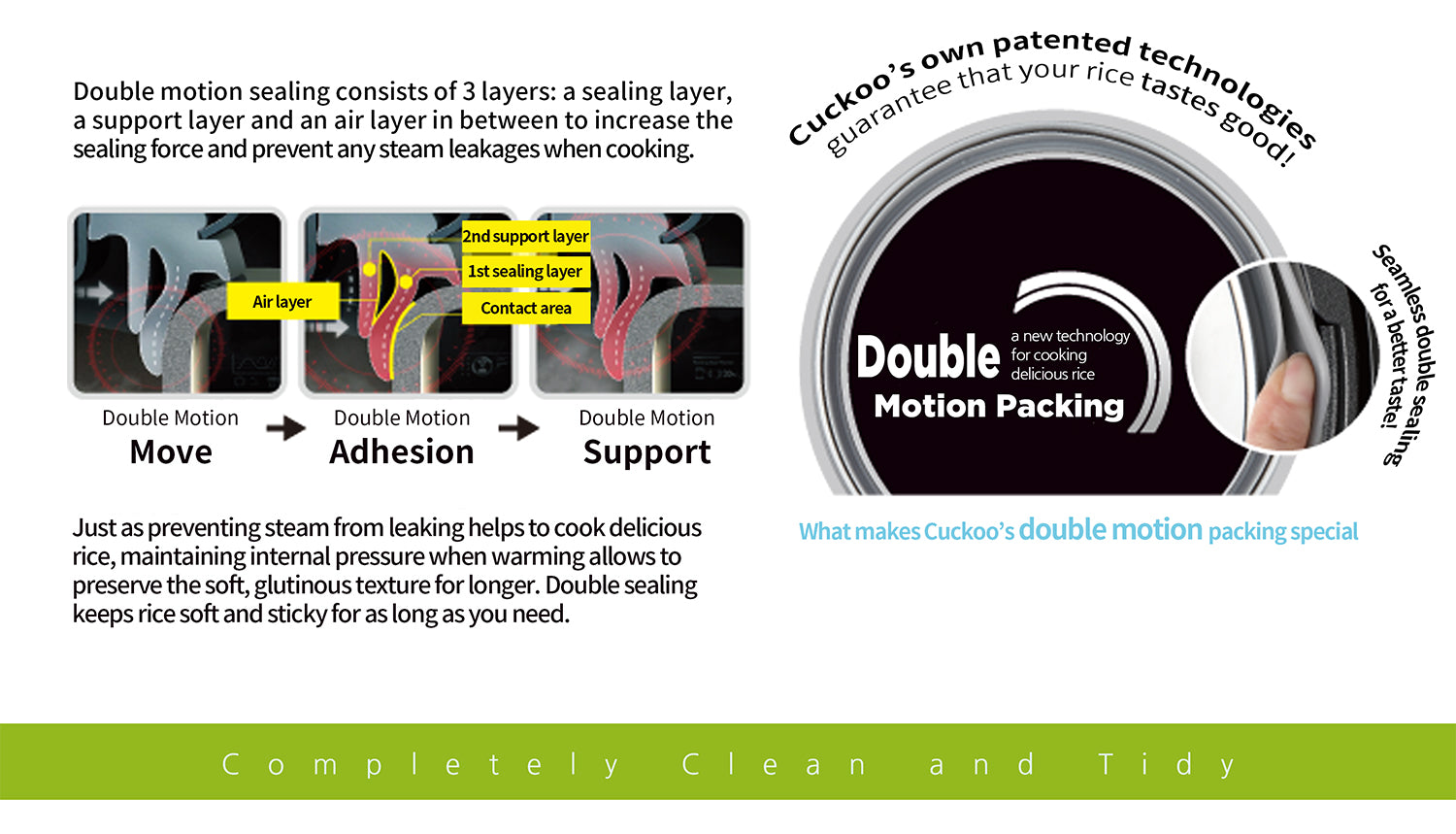 Dual motion sealing consists of 3 layers: sealing layer, support layer, air layer