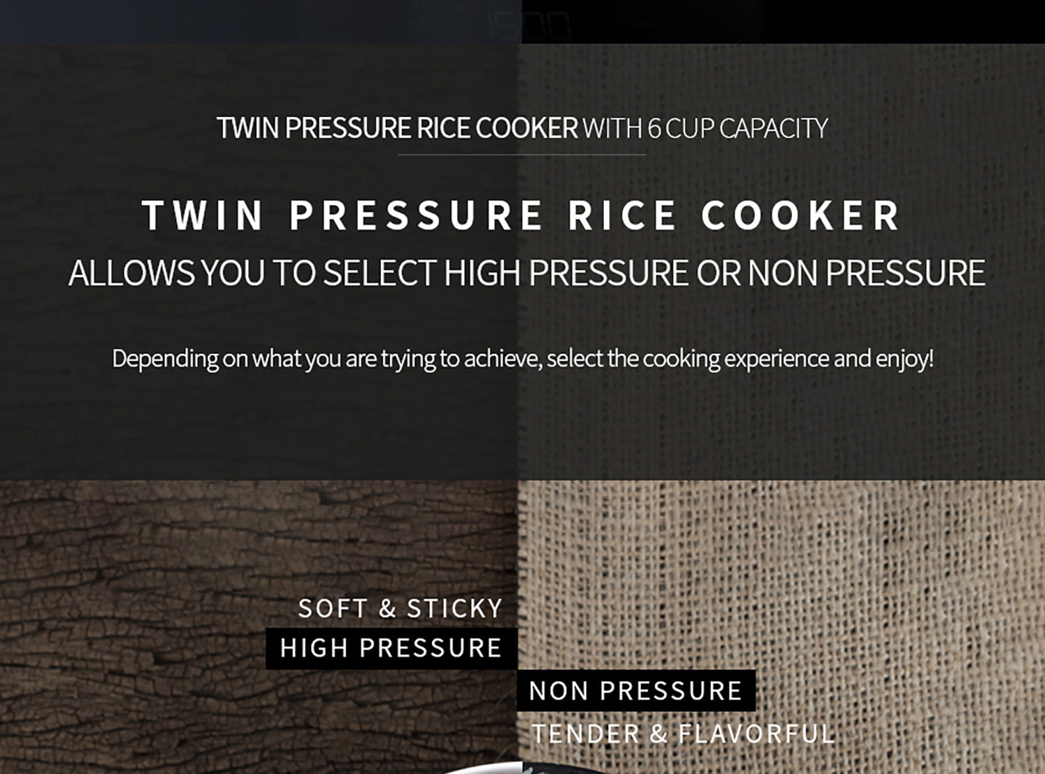 Image of two different types of rice: soft and sticky rice cooked with high pressure function; tender and flavorful rice cooked with non-pressure function