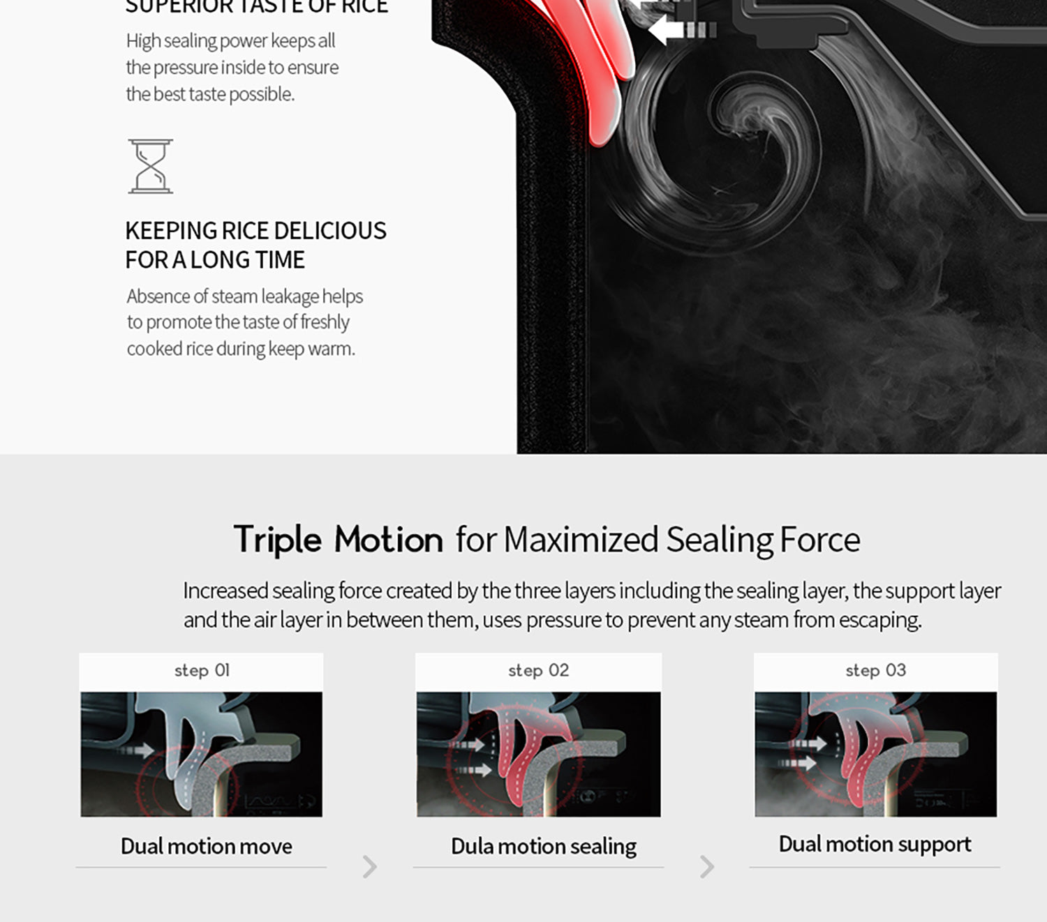 Triple motion for maximized sealing force (3 steps)