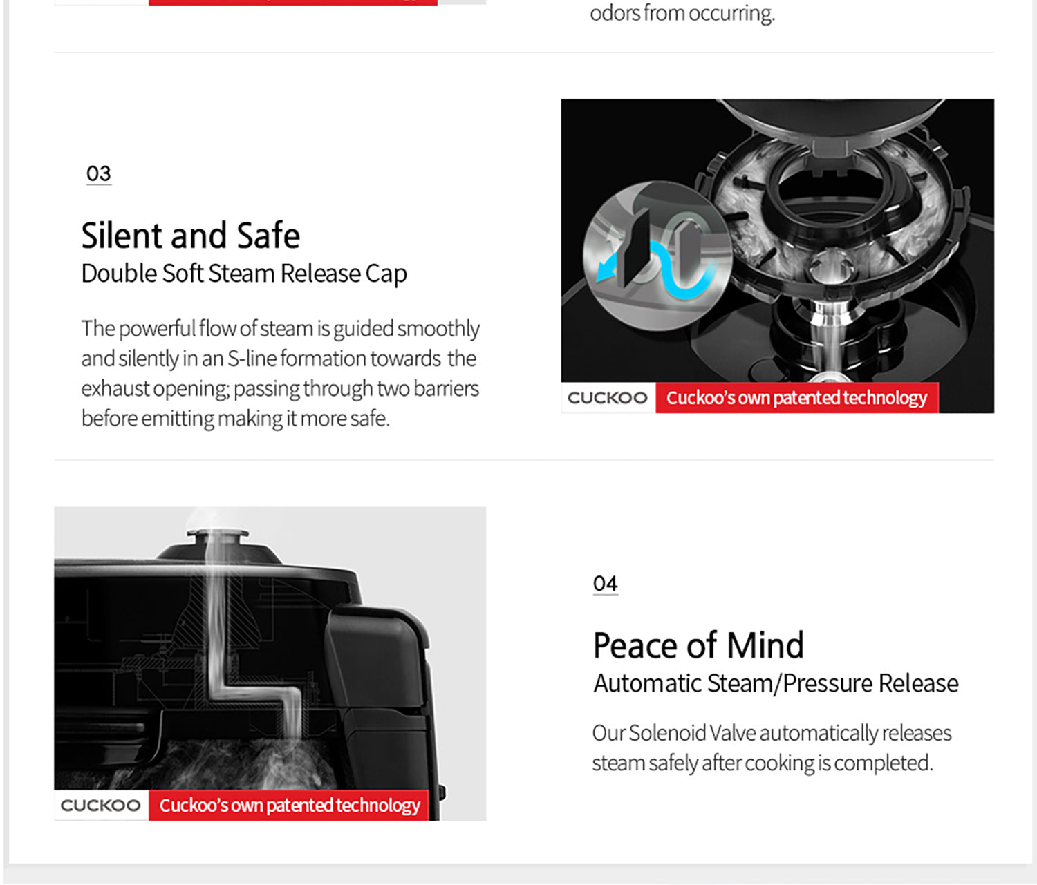 3. Silent and safe (double soft steam release cap)  4. Peace of mind (automatic steam/pressure release)