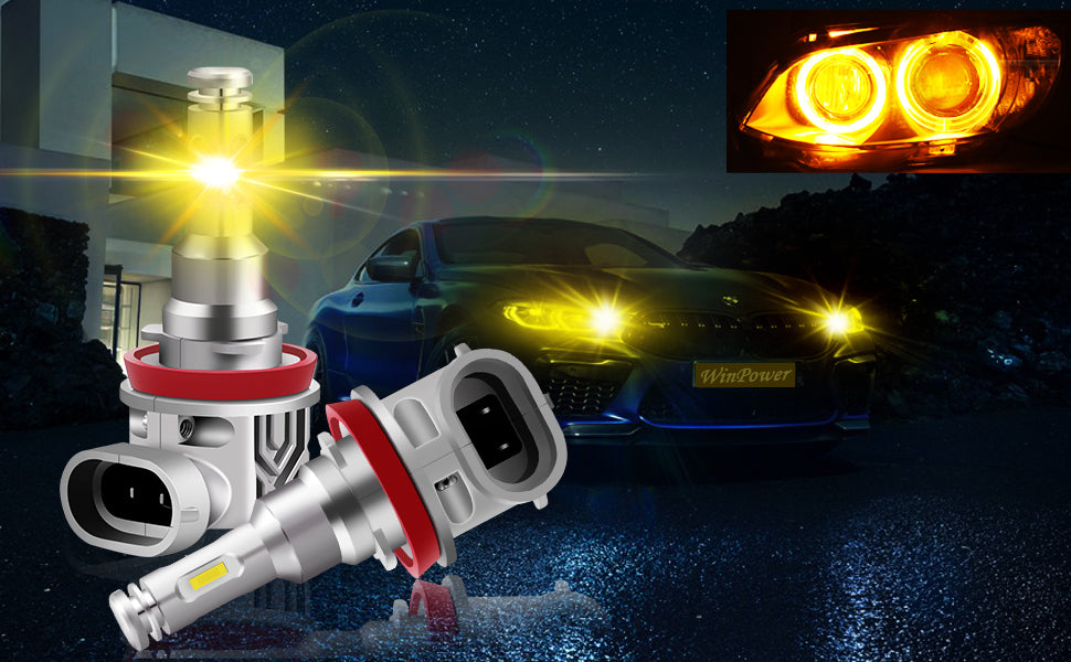 WinPower H8 Angel Eyes LED Headlight Bulbs 3000K Yellow for BMW
