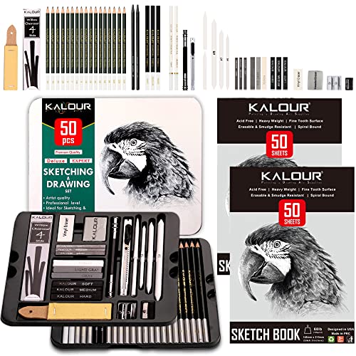 KALOUR 52-Pack Sketch Drawing Pencils Kit with Two Sketchbook,Tin Box,Include Graphite,Charcoal and Artists Tools,Pro Art Drawing Supplies for Adults Beginner Kids