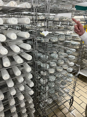 Image of racks of hundreds of St. Maure de Tauraine cheese agining
