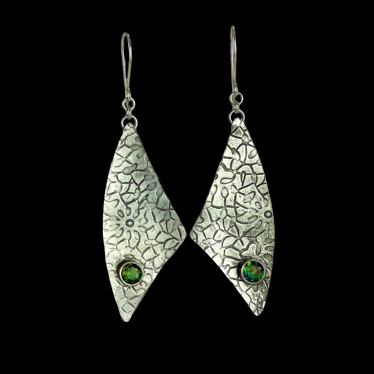 Textured Sterling Silver Large Sail Earrings with Faceted Tourmaline accent