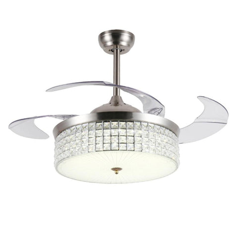 Retractable LED Silver Crystal Chandelier Ceiling Fan Light