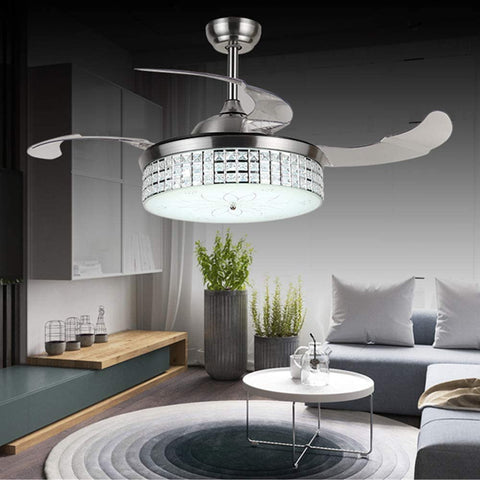 Retractable Crystal Ceiling Fan Light Kit LED Silver Chandelier