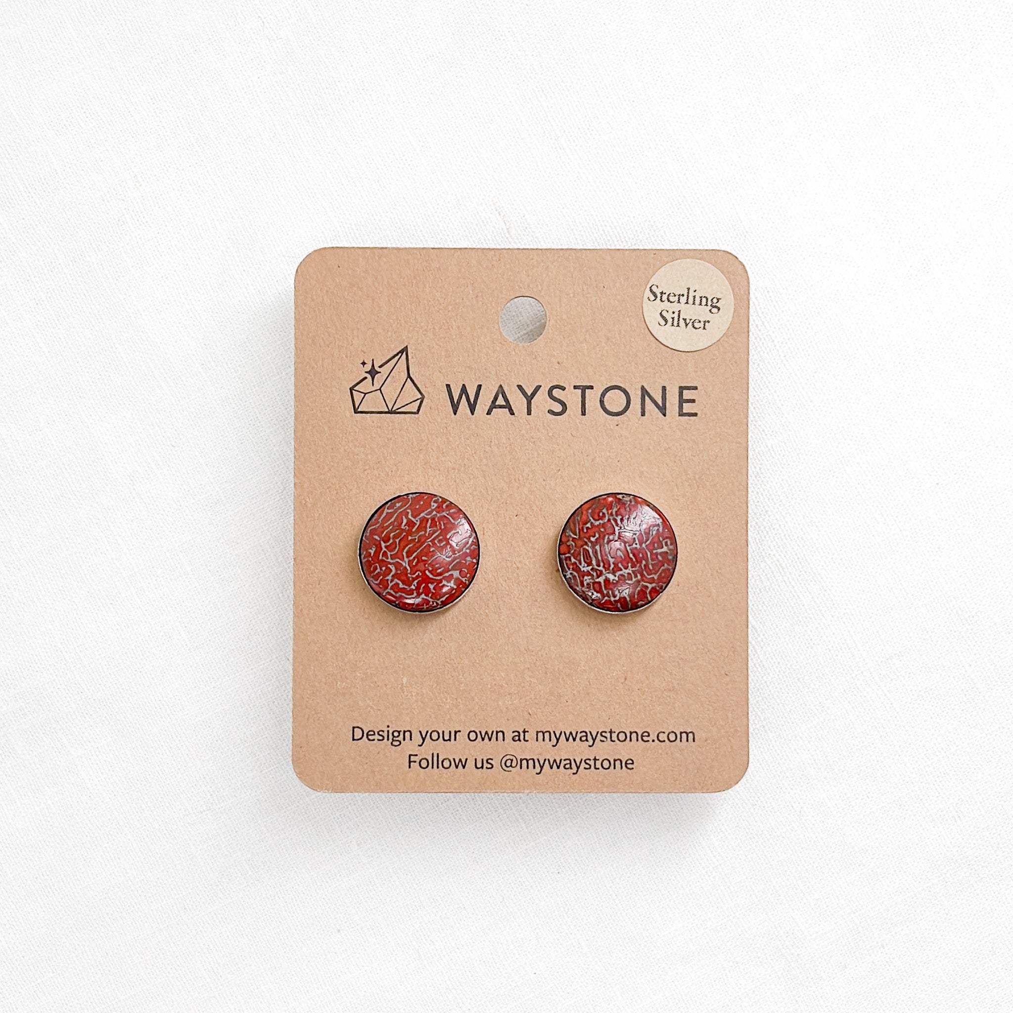 Medium Confluence Stud Earrings with 16mm red fossilized dinosaur bone collected in Colorado