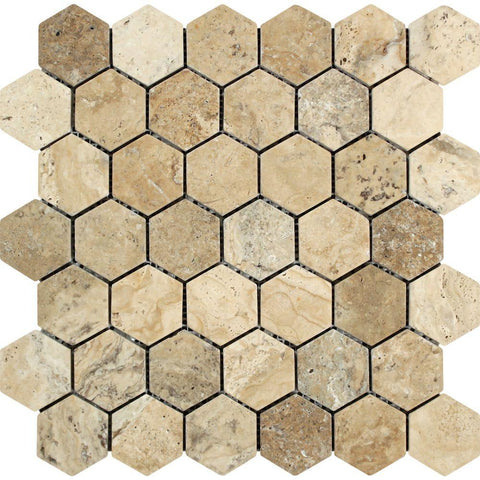 2 x 2 Tumbled Philadelphia Travertine Hexagon Mosaic Tile